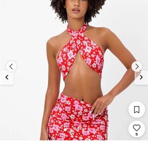 Frankies Bikinis Red Floral Halter Top and Skirt Dress size small